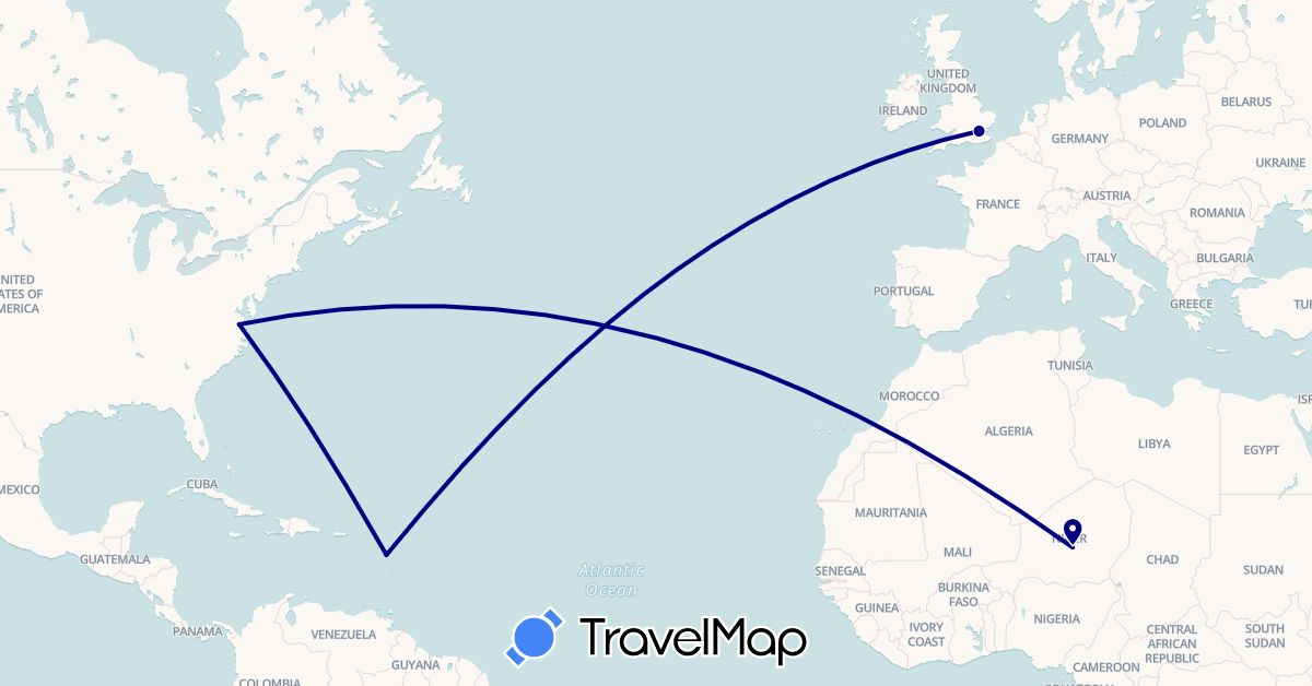 TravelMap itinerary: driving in France, United Kingdom, Niger, United States (Africa, Europe, North America)